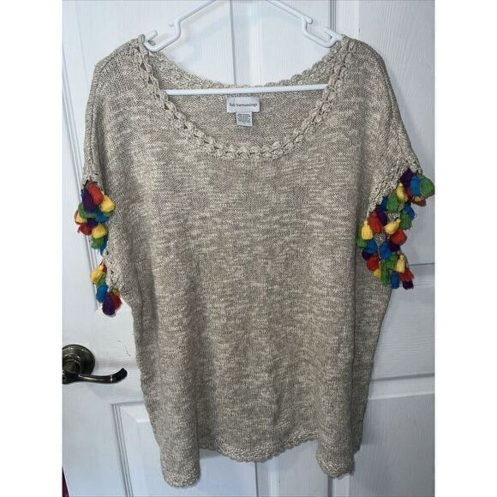 Soft Surroundings‎ Fiesta Beige Pullover Sweater Colorful Tassel Trim Size PL